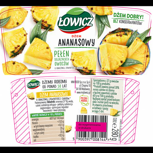Łowicz Dżem ananasowy o obniżonej zawartości cukrów 280 g